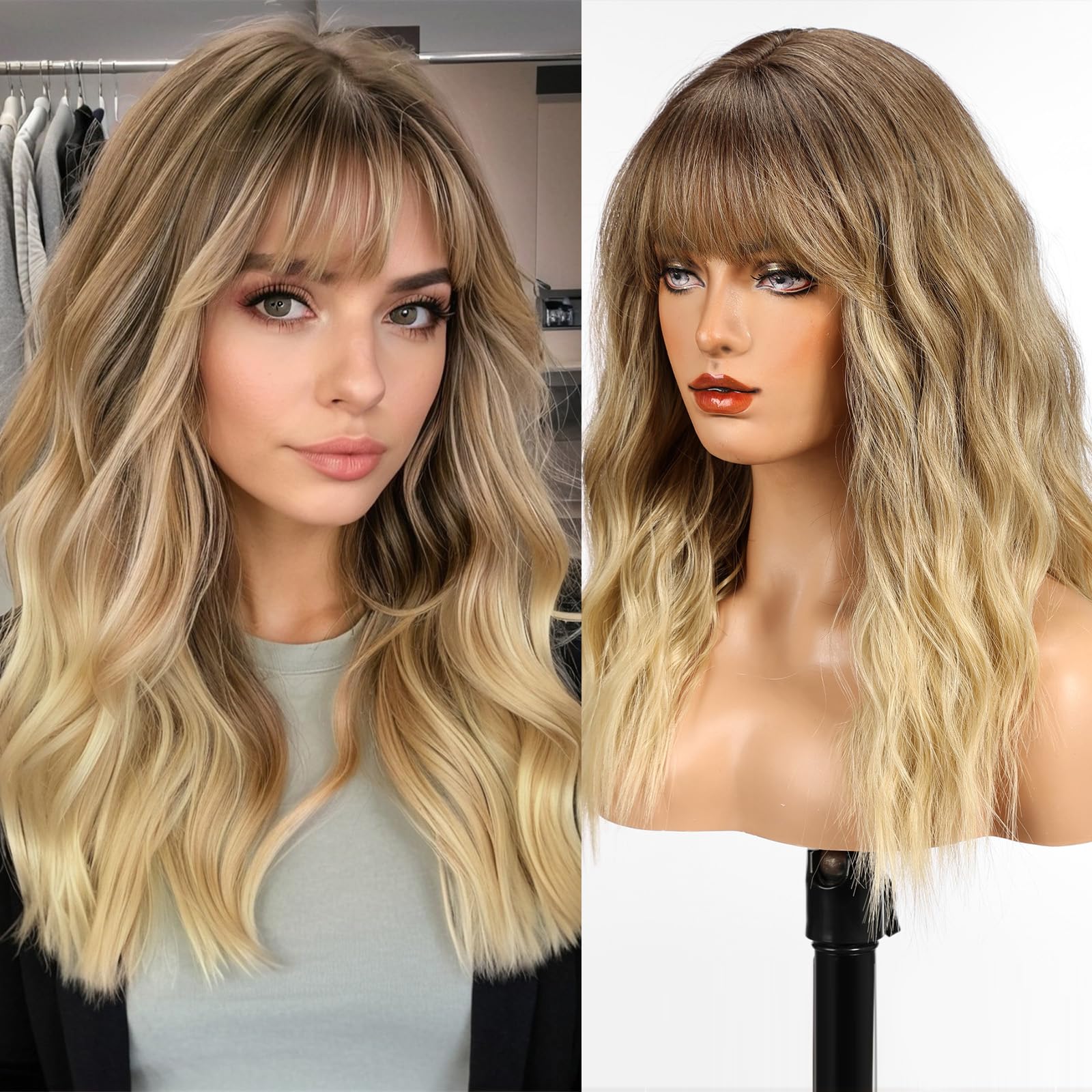 WOKESTAR Long Wig with Fringe Synthetic Wavy Wigs for Women Ombre Brown to Blonde Color — image 1