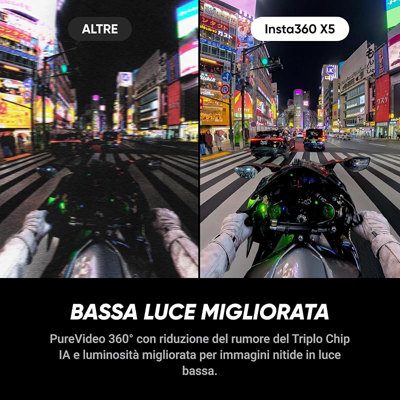 X5 - Action Cam Impermeabile 360° in 8K, Superba in Bassa Luce, Selfie Stick Invisibile, Obiettivi Sostituibili, Autonomia 3 ore, Cover Antivento, Stabilizzazione, Design con triplo Chip IA