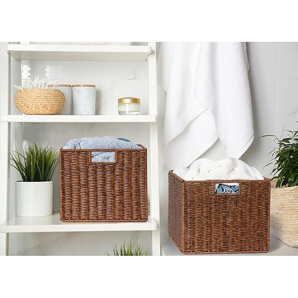 WICKER STORAGE BASKET – LARGE 12X12X10IN CUBE, WOVEN WICKER FOR SHELVES, PANTRY, KITCHEN & BATHROOM ORGANIZATION (BROWN)