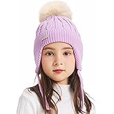 ZLYC Kids Girls Boys Winter Hats Cotton Lined Pom Pom Beanie Earflap Knitted Cap