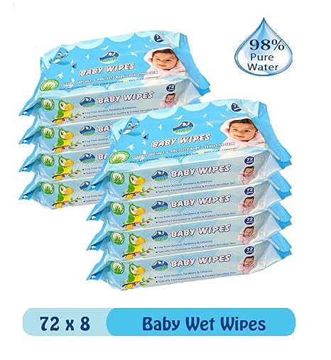 Glider Baby Wet Wipes with Aloe Vera and Vitamin E - 72 Wipes/Pack, (Pack of 8)
