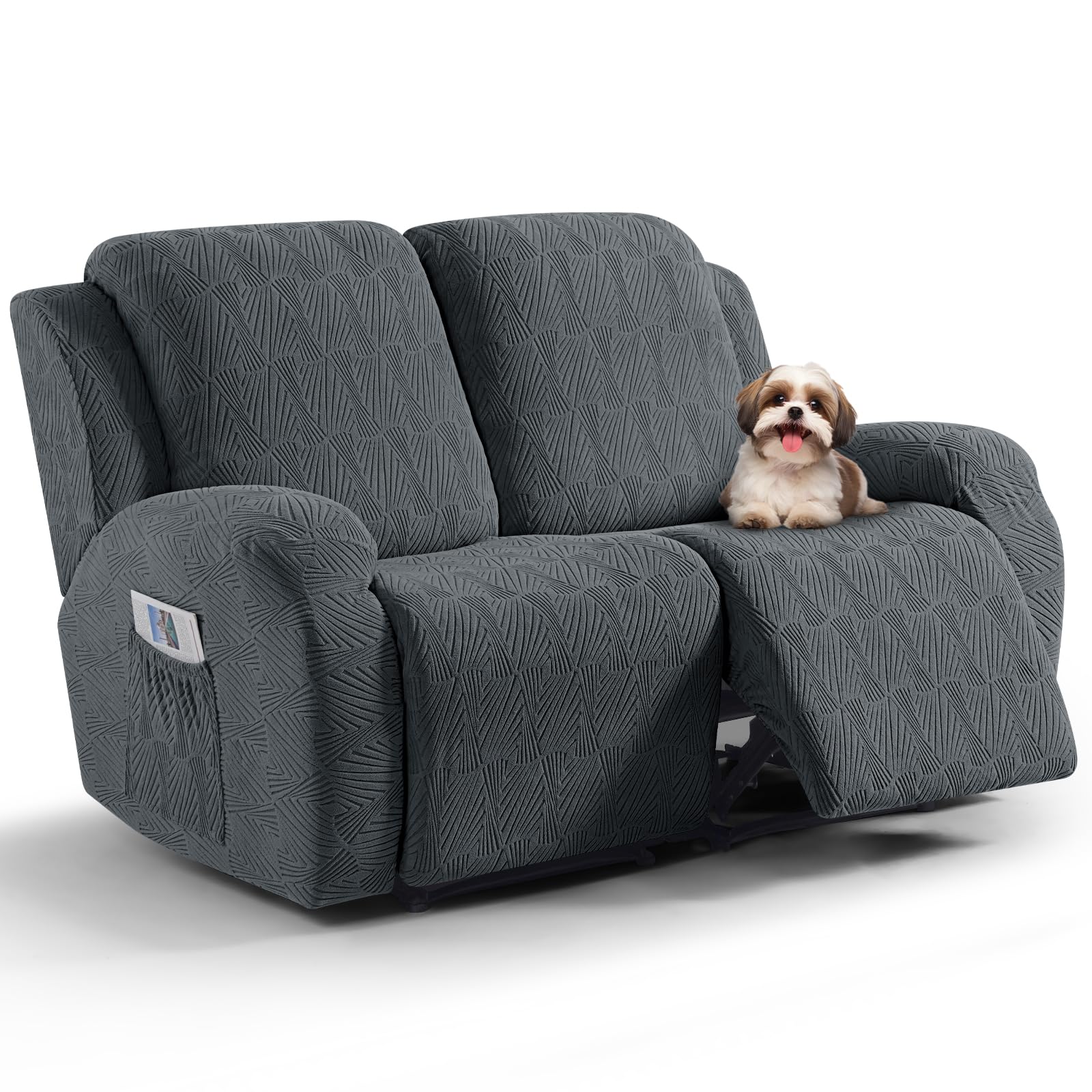 Photo 1 of VANSOFY Recliner Loveseat Cover, 6-Pieces Stretch Dual Recliner Sofa Cover Soft Jacquard Reclining Couch Slipcover Furniture Protector with Elastic Bottom for Kid, Pets(2 Seat,Dark Gray)