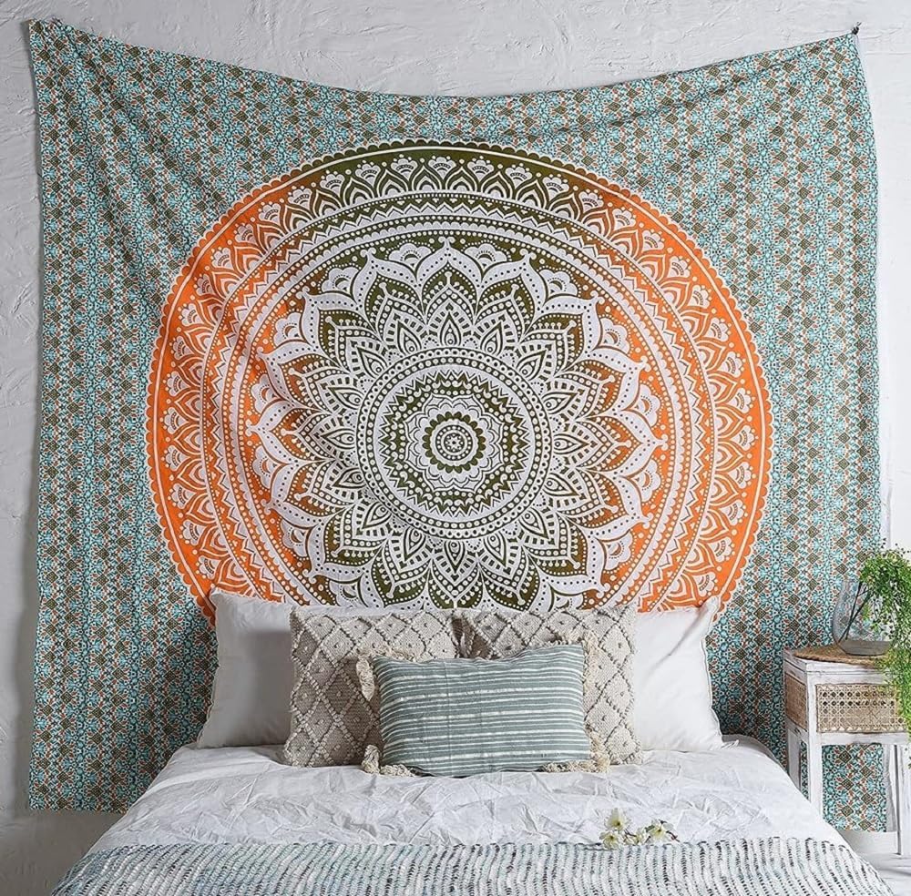 Tapestries - THE ART BOX Mandala Wall Hanging Hippie Ombre Large Tapestry Green And Orange - 88x85inch Indie Aesthetic Boho Bohemian Cotton Fabric Wall Blanket Tapestries for Living Room