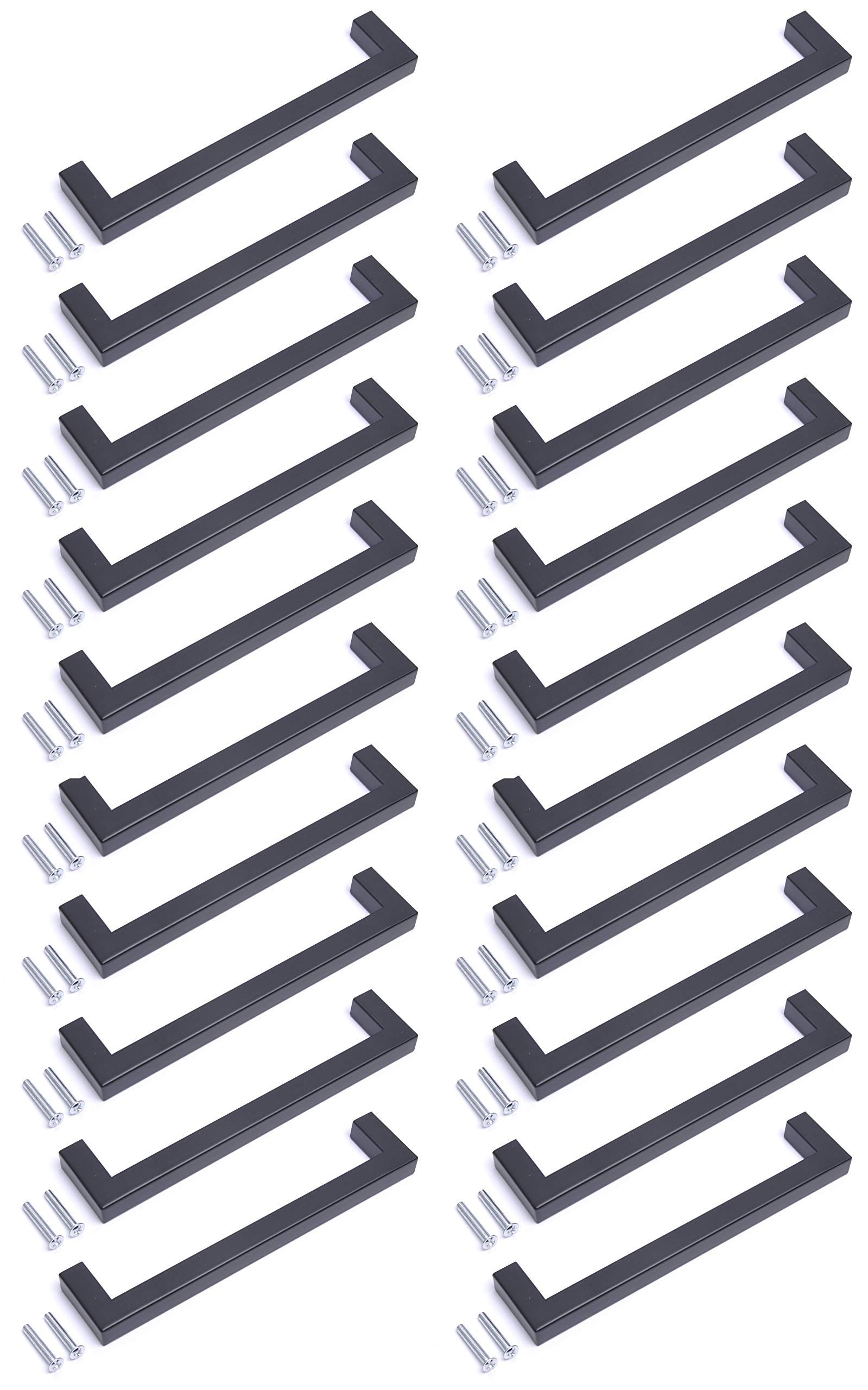 BSM Marketing 20 Pack Kitchen Door Handles 128mm Hole Centre Flat Black Cabinet Handles Stainless Steel Square Cupboard T Bar Handle (Screws Included)