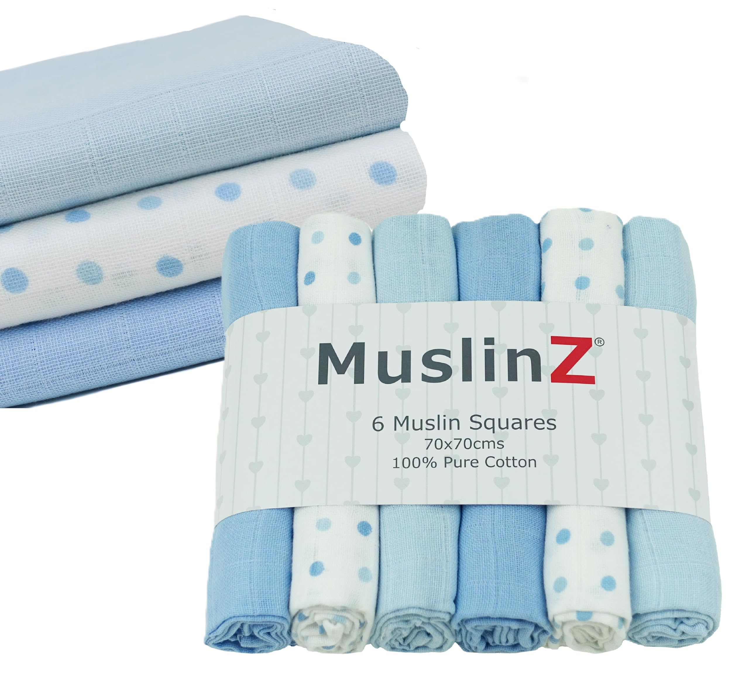 MuslinZ- 6 pack Muslin Squares Baby Burp Cloths 70x70cms Perfect for Newborns, multi-use, Oeko-Tex standard 100, UK brand. (Blue Combo)