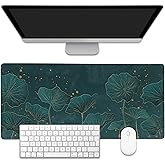 EOBKLAX Mouse Pad,Lotus Leaves in Gold Line Desk Mat for Desktop,Desk Pad with Non-Slip Base and Stitched Edge,Extended Mousepad for Office and Home 35.4X15.7 Inch