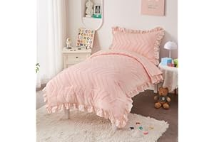 DECMAY Pink Boho Tufted Toddler Comforter Set for Girls Baby Toddler Bedding Set with Ruffle Fringe 4 Pieces Pink Comforter with Fitted Sheet, Flat Sheet, Pillowcase