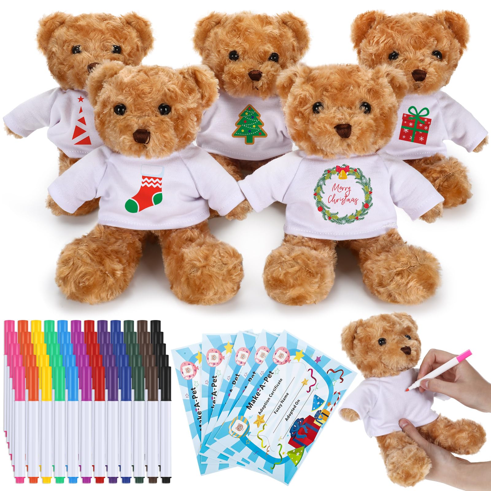 Photo 1 of Blueweenly 20 Pcs Make Your Own Stuffed Animal Kit Including 9.84 Inches Velvet Animal White T Shirt 12 Colors Pens and Thank You Card DIY Stuffed Plush Gift for Crafts(Brown,Bear)