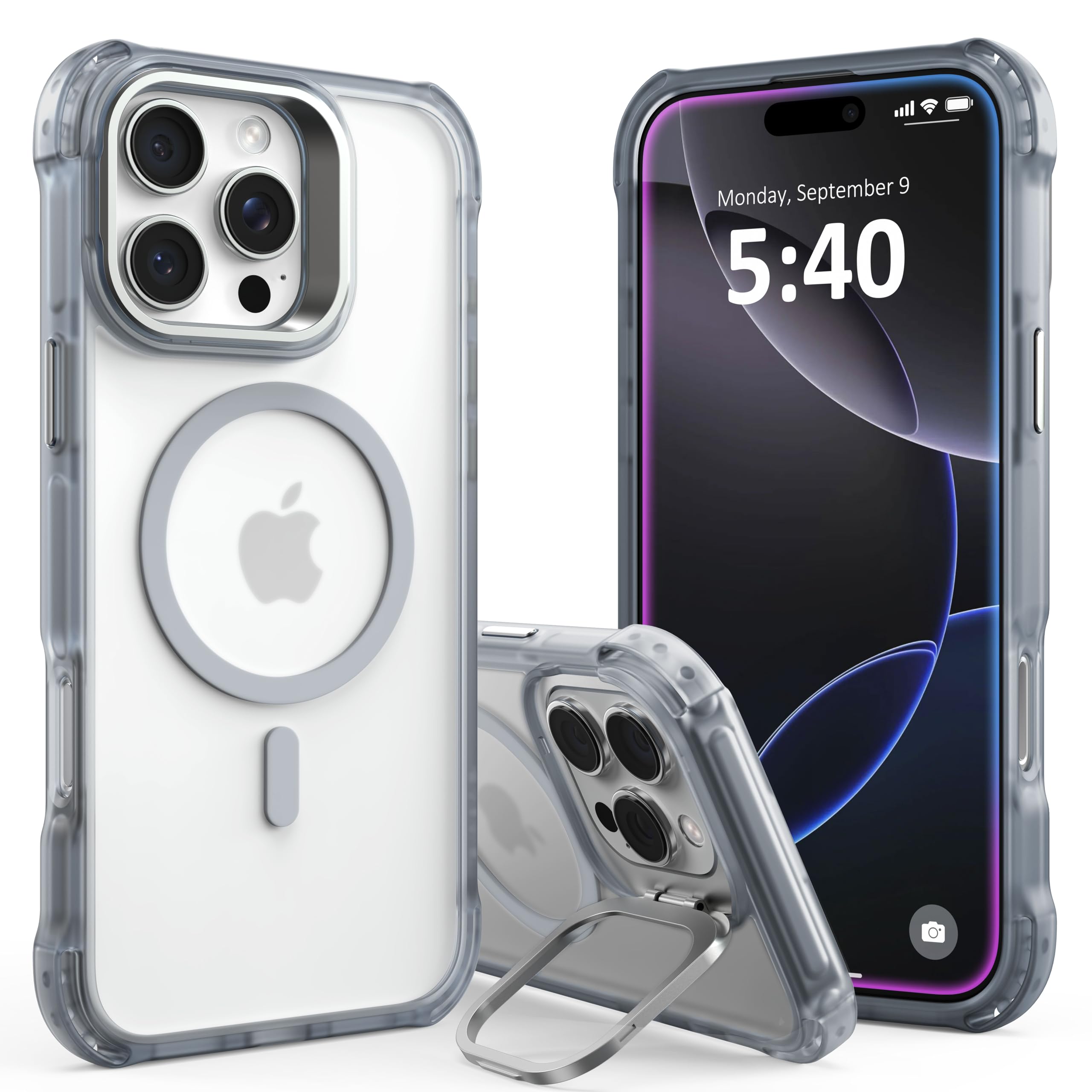 Phonic Pro Shield iPhone 16 Pro Case [Invisible Kickstand] 12ft Military-Grade Drop Protection Crystal Clear Back, Compatible with MagSafe, Slim Shockproof Case For iPhone 16 Pro (Blue)