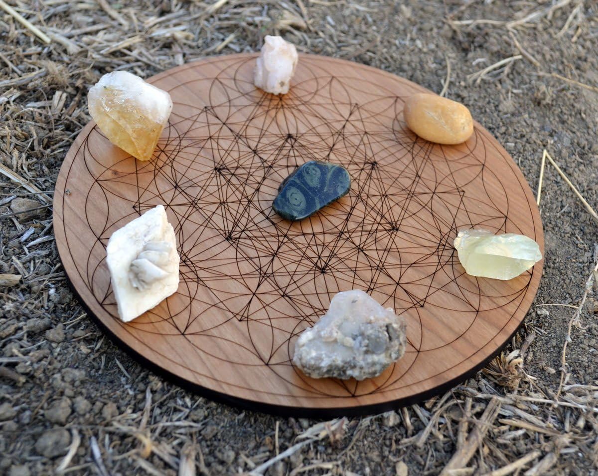 7" 8.5" Crystal Grid - Natural Cherry Hardwood - Laser Cut Engraved Sacred Geometry LT40004-CH