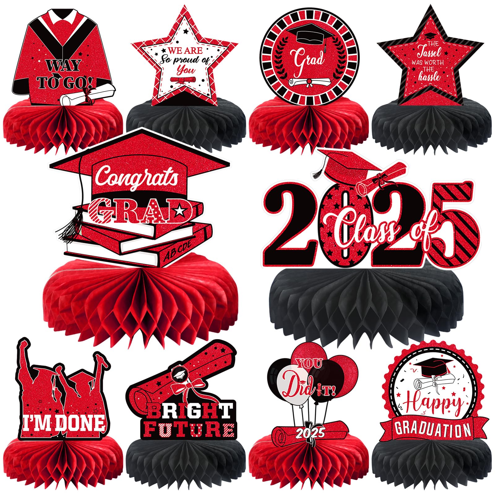 Photo 1 of 10PCS Graduation Party Decorations Class of 2025 Congrats Grad Table Centerpieces Congratulate Graduation Honeycomb Table Toppers for Graduation Party Supplies(Red Black)