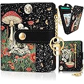 Jogjam Mushroom Skull Rfid Ladies Wallet, Small Slim Thin Compact Credit Card Women Wallet, Skeleton Goth Horror PU Leather Bifold Zipper Coin Pocket for Female