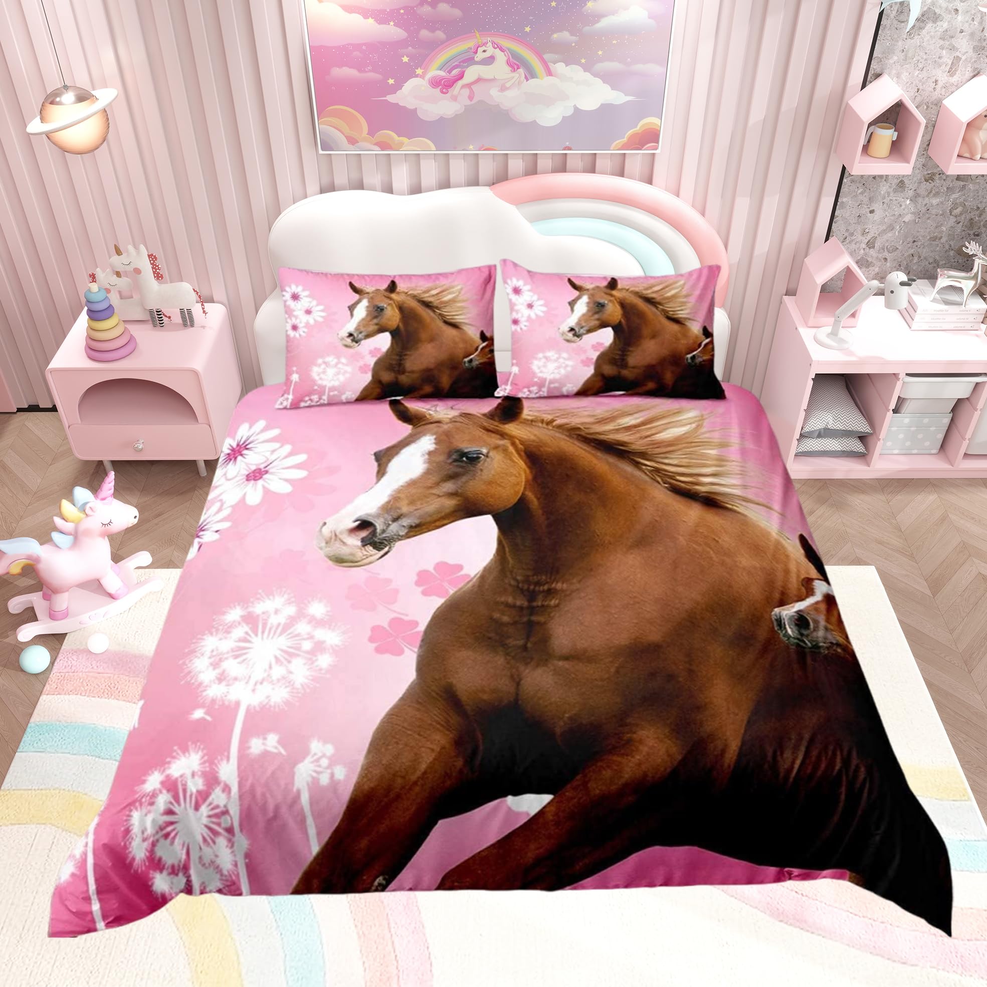 Girly Horse Comforter Cover Double Size for Kids Teens,Girls Galloping Horse Bedding Set Farmhouse Safari Animal Pattern Duvet Cover for Child Bedroom Pink Dandelion Nature Bedspread Decor