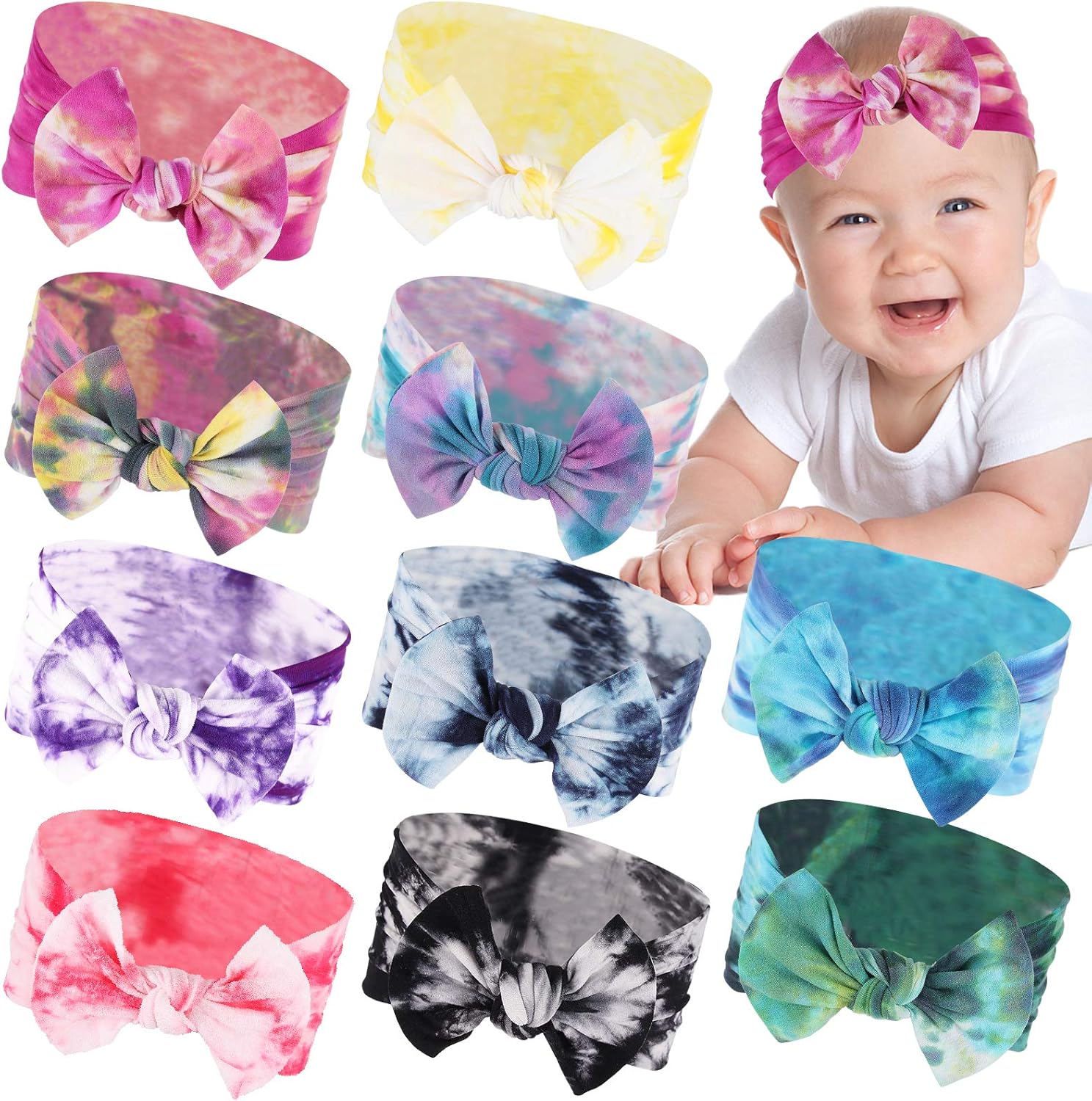 XIMA 10PACK Baby Girl Headbands Nylon Tie Dye Newborn