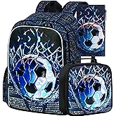 TXHVO 3Pcs Soccer Backpack for Boys, 17" Kids School Bookbag with Lunch Box, Football Backpacks Set for Elementary Preschool Kindergarten(Black)