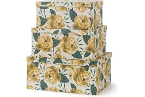 Soul & Lane Decorative Cardboard Storage Boxes with Lids for Home Decor and Organization, Set of 3 Large Keepsake Boxes for Memories & Gifts, Nesting Floral Photo Storage Containers, Golden Peony