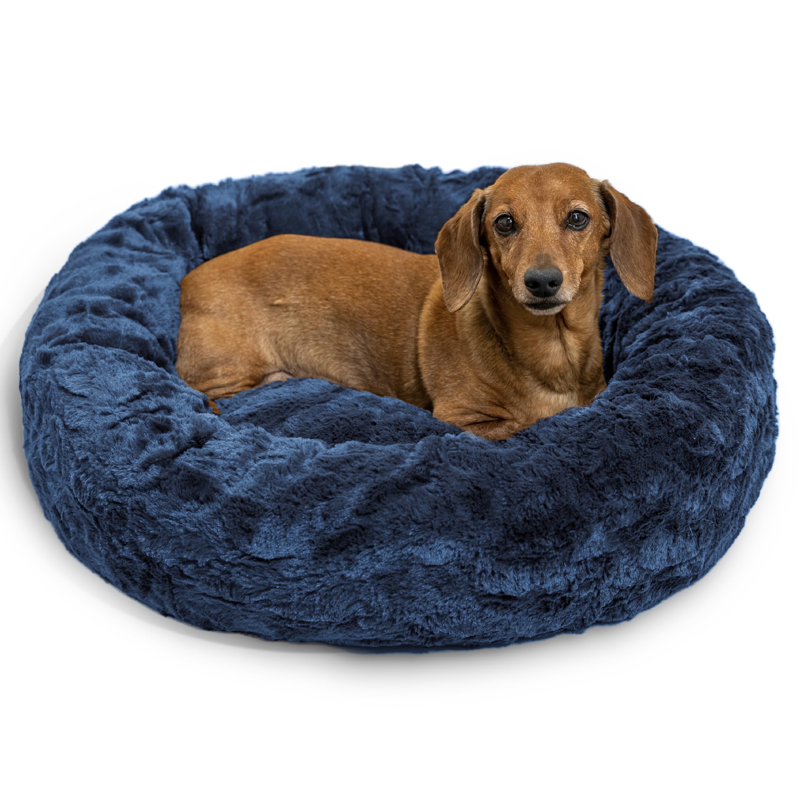 Best Friends by Sheri The Original Calming Donut Dog Bed for Small Dogs up to 25 lbs, Lux Faux Fur, Navy Blue, 23" x 23"