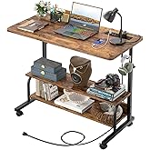 Besiost 32" Height Adjustable Standing Desk with Power Outlets - Manual Rolling Stand Up Desk with Wheels Small Portable Computer Desk Mobile Laptop Table with Storage Shelves for Home Office, Rustic