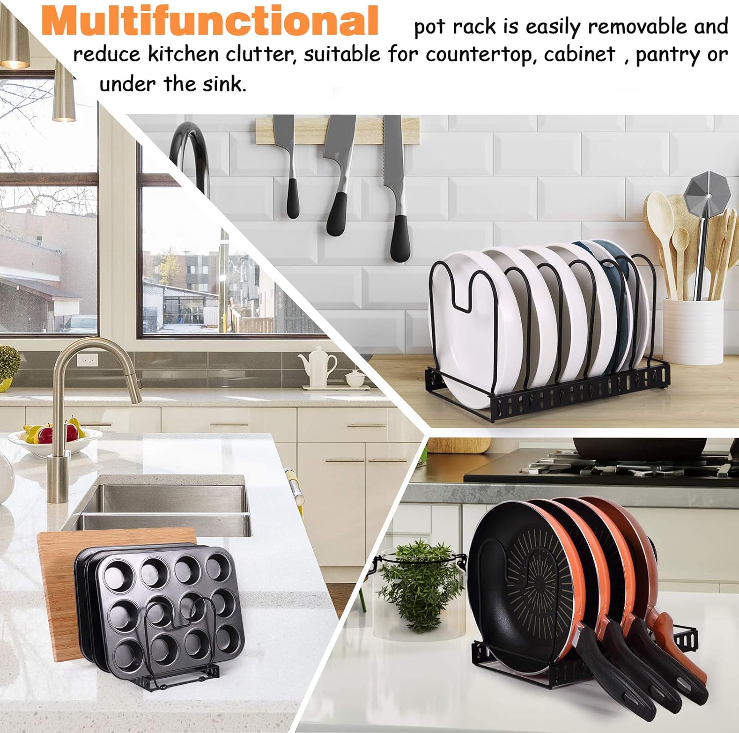 Pot Organizer Rack for Cabinet,Expandable Pot Organizer Rack, Pans Pots Lid Organizer Rack Holder,Kitchen Cabinet Pantry Bakeware Pot Lid Holder，Organizer Rack Holder with 10 Adjustable Compartments: Home Improvement