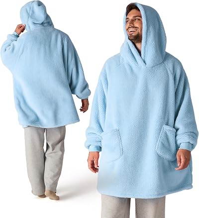 Bedsure Wearable Blanket Hoodie Women Fluffy Fleece Blue XL