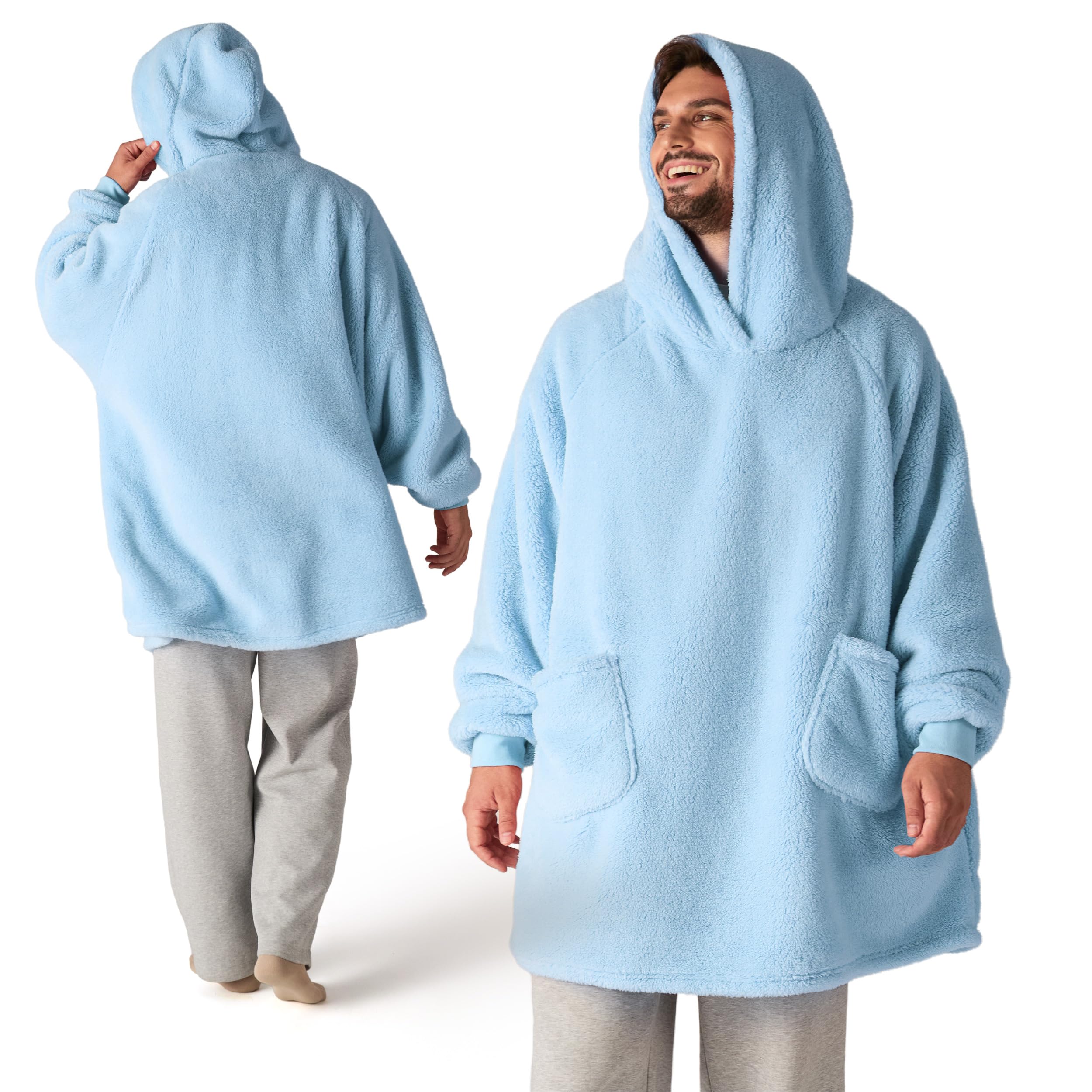 Bedsure Wearable Blanket Hoodie Women - Fluffy Fleece Hoodie Blanket for Adults Men, Warm Hooded Blanket as Gifts for Her, Blue, XL