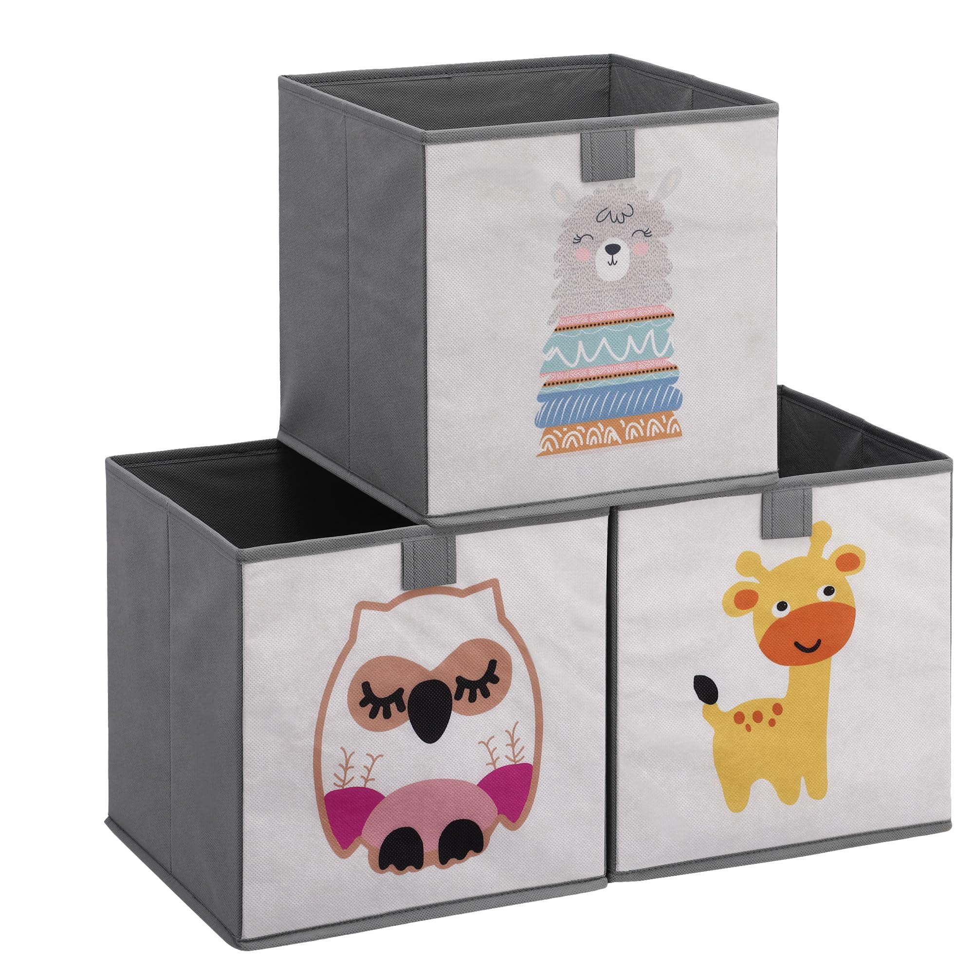 Navaris Kids Storage Cubes Set of 3 - Kids Fabric Foldable Storage Boxes - Children's Organiser - Cube For Bedroom Unit or Chests - Box for Toy Book Car Toys or Nursery - Grey