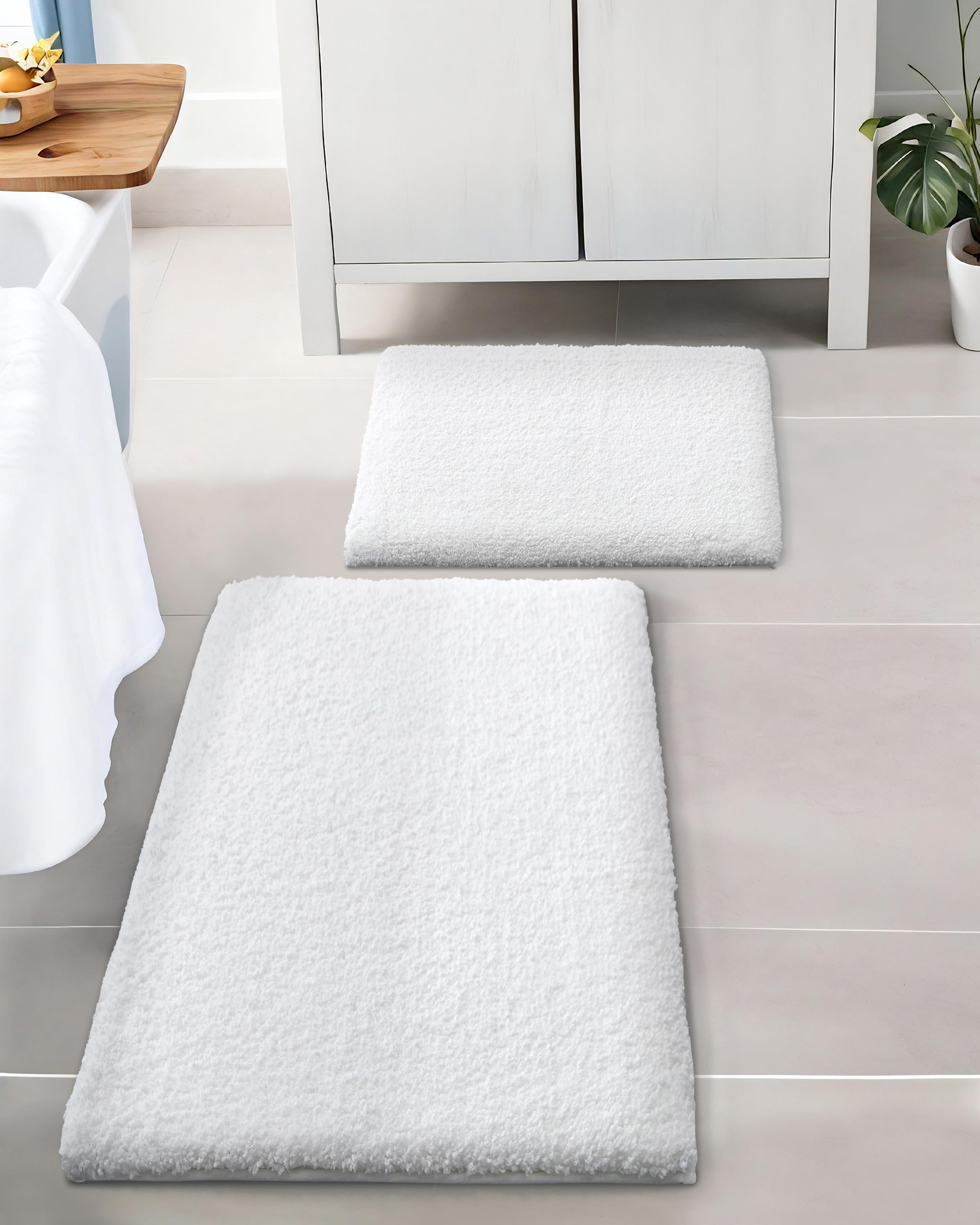 ILANGO 2 Piece Bathroom Rugs Bath Mat Set, Dries Quickly,Non Slip Fluffy Shaggy Bath Washable Mats Set for Bathroom,Tub (White, 17" x 24" + 24" x 36")