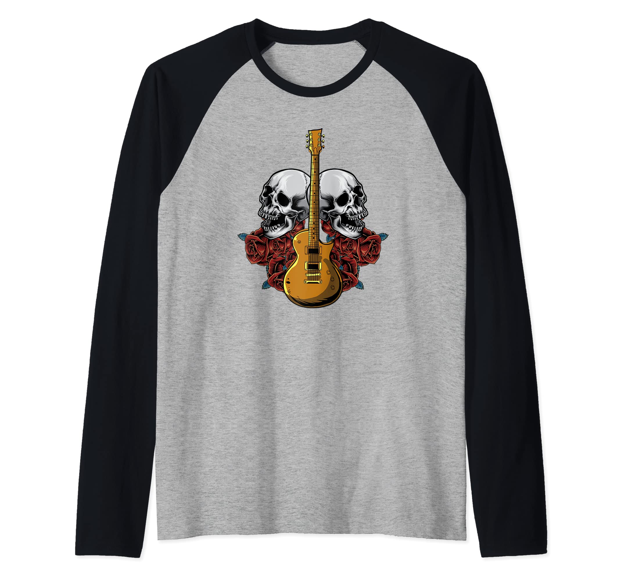 Electric Guitar Skull Red Roses - E-Guitar Rock Guitarist Raglan Baseball Tee
