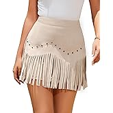 UpFind Women Suede Fringe Mini Skirt with Rivets High Waist Elastic Western Cowgirl Skirts with Zipper Country Concert Outfit