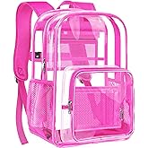 GEAMSAM Clear Backpack Heavy Duty Large Transparent Backpack with Reinforced Bottom Multi-pockets for College, Travel, Workplace Security - Pink