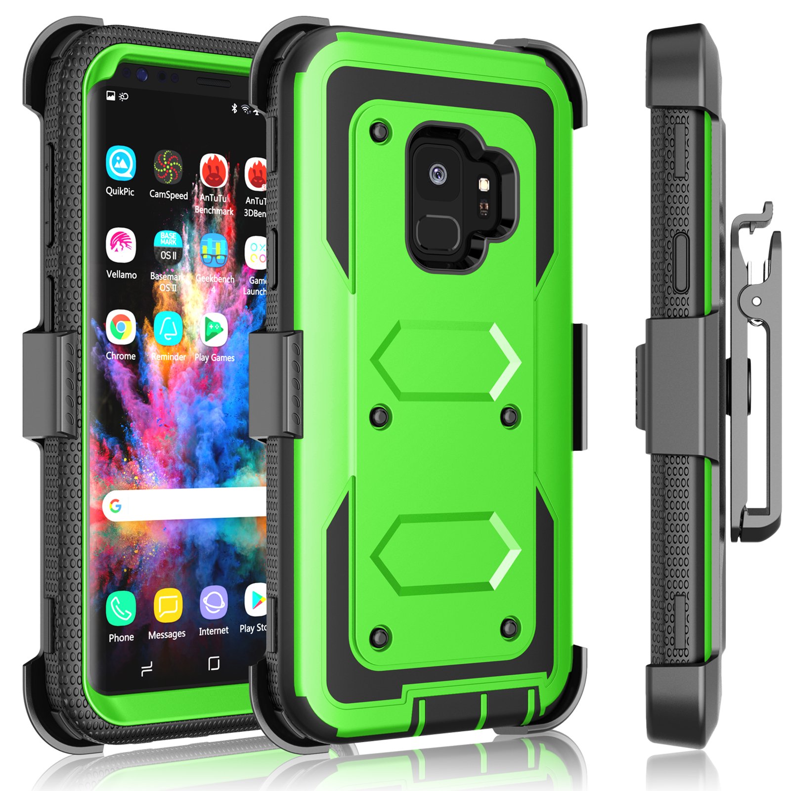 Galaxy S9 Case, Samsung Galaxy S9 Holster Clip, Tekcoo [Tshell] Shock Absorbing [Grass Green] Secure Swivel Locking Belt Defender Heavy Full Body Kickstand Carrying Tank Armor Cases Cover