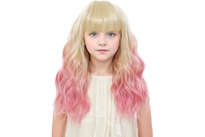 BUPPLER Kids Blonde Ombre Pink Wig with Bangs 14 Inch Halloween Cosplay Wigs for Kids Girls Wavy Hair Synthetic Wig with Upgraded Strands,Shoulder Length Wigs for Costume Parties (14 Inch,BOP)