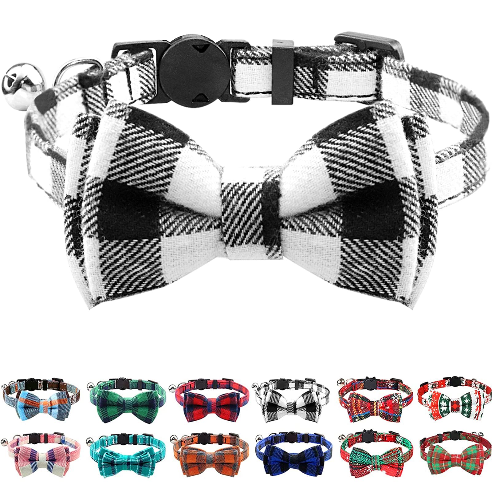 Joytale Cat Collar with Bell and Bow Tie, Soft Tartan, Quick Release Safety Collars for Kitten and Cats, 1 Pack, Black