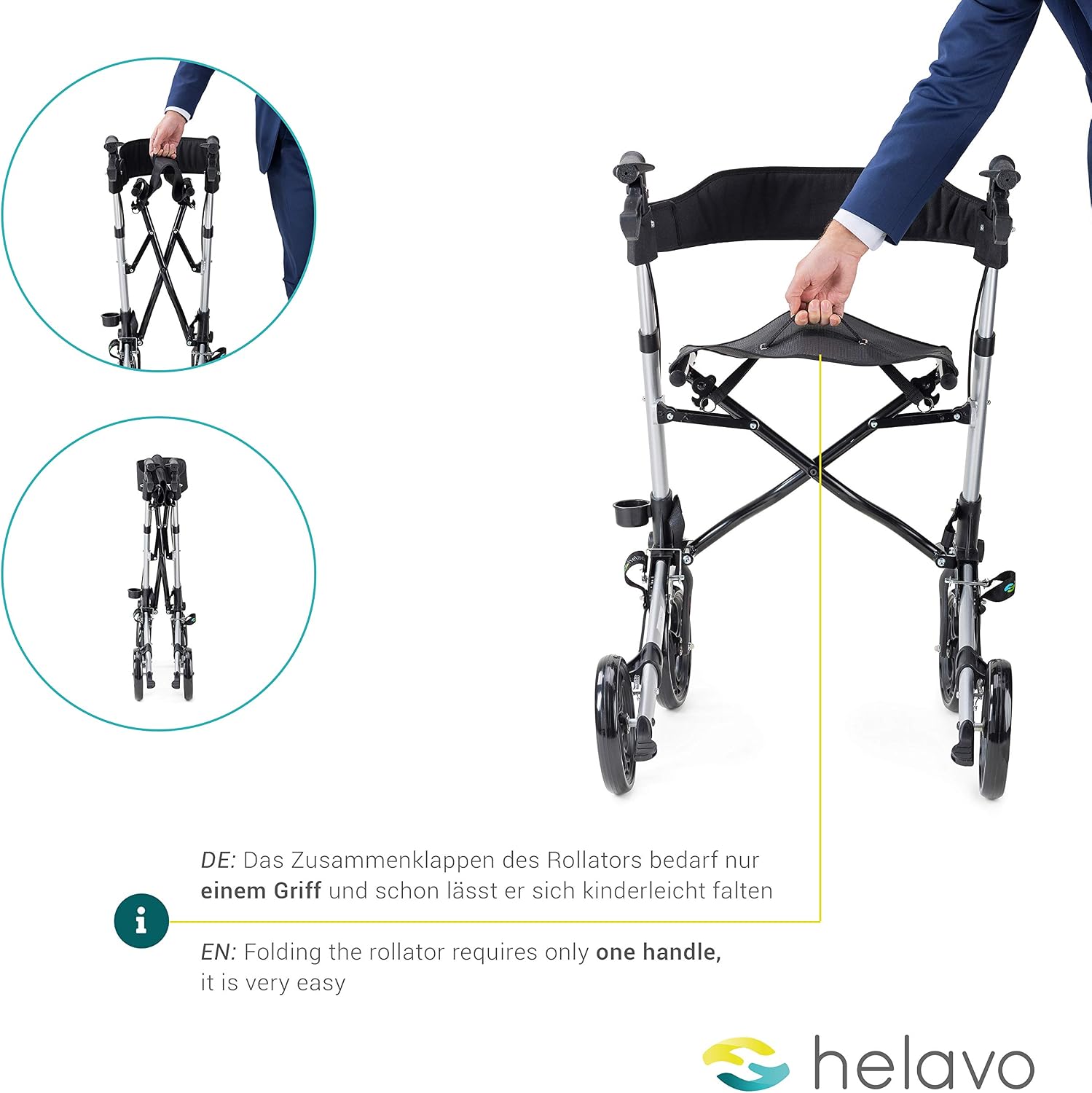 Helavo 4-Wheel Rollator Walker with Seat - Foldable, Adjustable & Lightweight Aluminum Rolling Walker for Seniors and Adults - Image 4