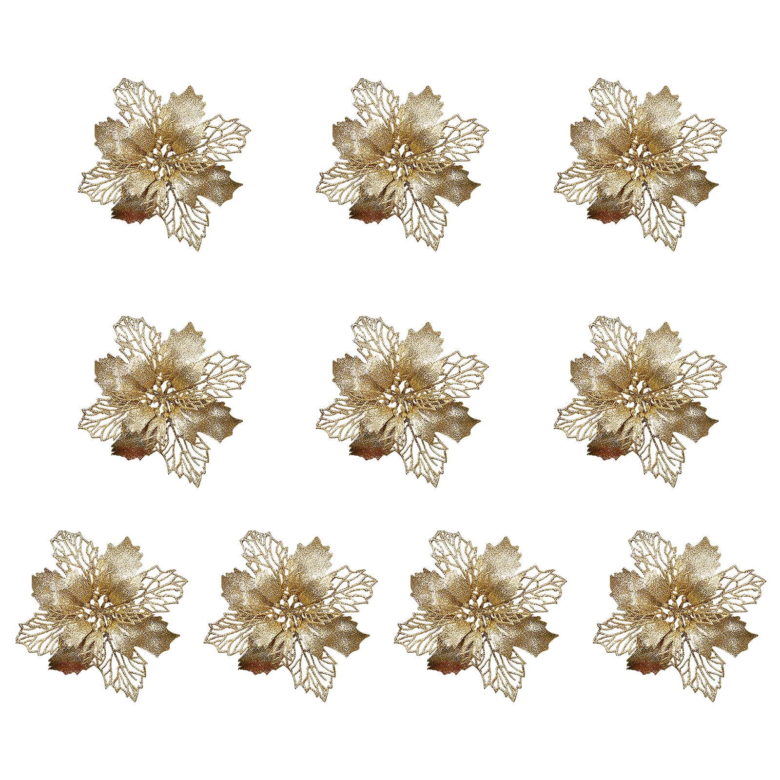 LEMCC 10PCS Artificial Poinsettia Christmas Flowers Decorations with Clips Gold Poinsettia Flowers Glitter Christmas Tree Ornaments for Xmas Wedding Party Wreath DIY, 11cm/4.3inch
