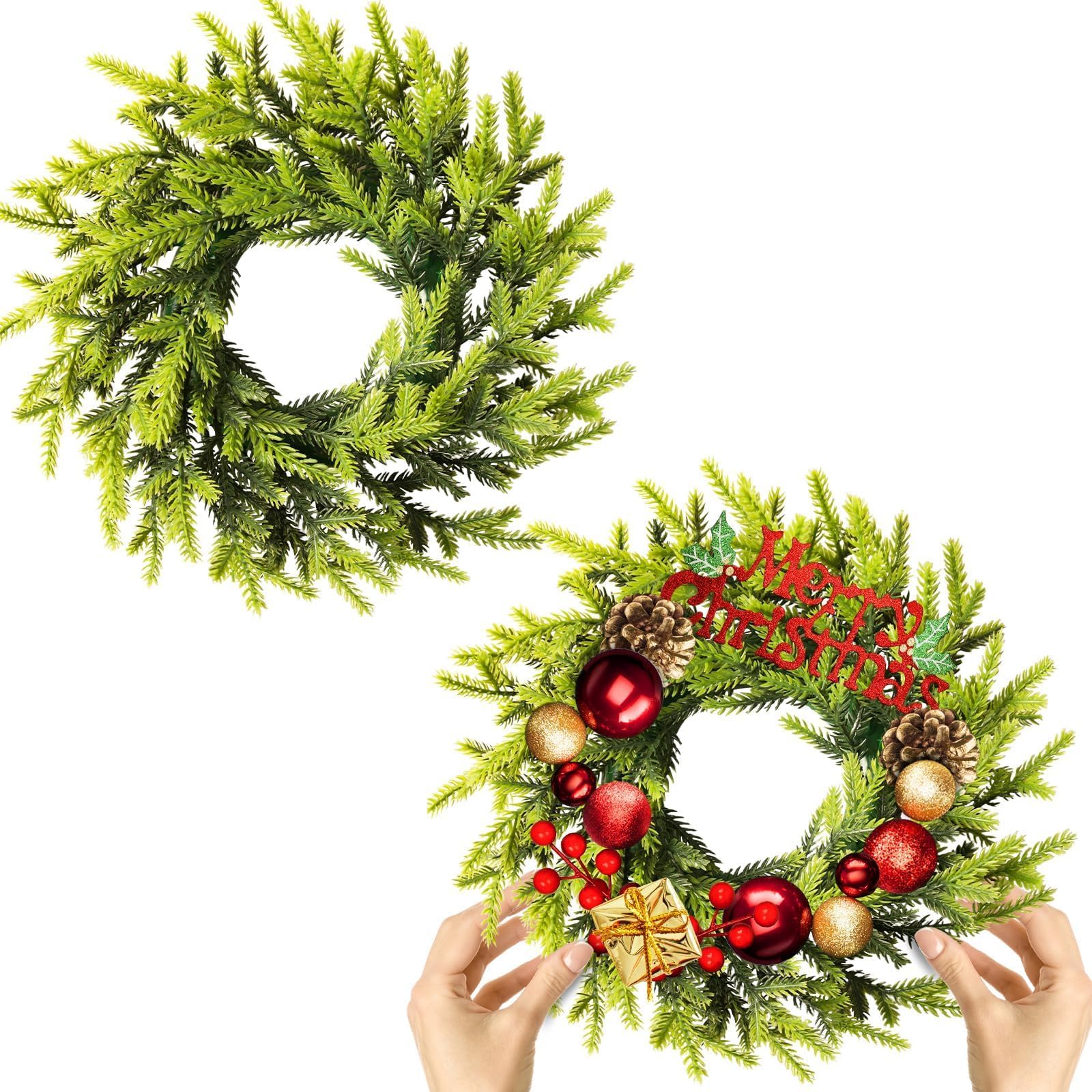 Photo 1 of 2 Pcs Christmas DIY Gree Wreath 10 Inch Green Artificial Wreaths DIY Faux Plain Wreaths Front Door Green Farmhouse Cabinets Wreath Indoor Outdoor Wall Decor(Pine Needle)