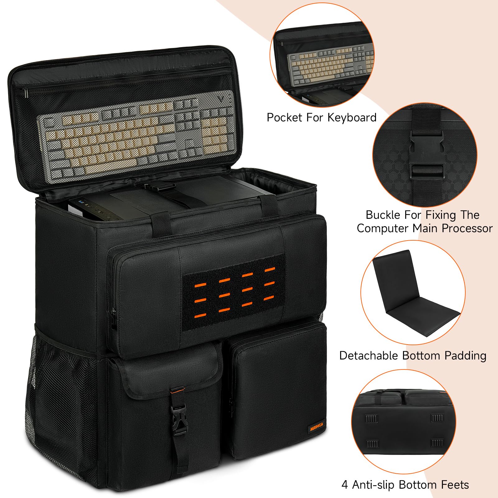 PC Travel Case Backpack for ATX Mid-Tower Desktop Computer, Portable Gaming PC Carrying Case with Pockets for Keyboard, Mouse, Cables & Accessories, Adjustable Padded Straps​