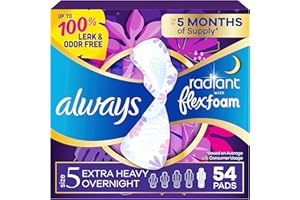 Always Radiant Feminine Pads for Women, Flexfoam Pads with Wings, Size 5, Extra Heavy Overnight Absorbency, Lightly Scented, 54 Count (3 Packs of 18)