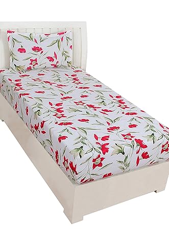 BSB Trendz Aura 3D Print Microfiber Wrinkle, Fade Resistant, Easy Elastic Fitting Single Size Soft 1-Piece Bed Sheet Set, Fitted Sheet with 1 Pillow Cases-White & Red