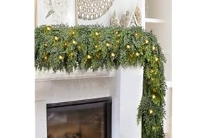 FAJUNZH 9FT Thick Pre-lit Christmas Garlands with 240 Cedar Branches, 50 Lights, Green Cedar Garland for Christmas Decorations, Artificial Greenery Garland for Table Mantle Wall Indoor Outdoor Holiday Decor