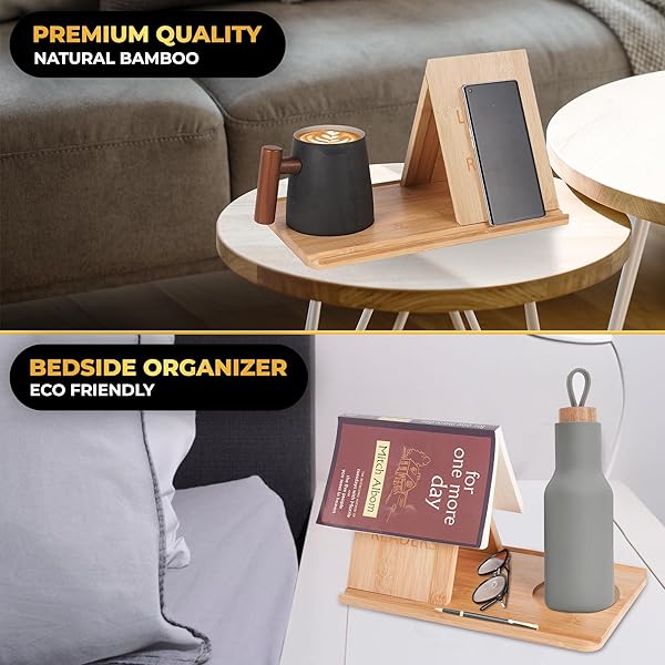 BARNLUX WOODEN BOOK HOLDER STAND FOR BEDROOM TABLE DECOR | BOOK NOOK READING VALET STAND WITH COFFEE DRINK HOLDER, NIGHT STAND BOOK HOLDER, BOOK REST STAND FOR BIRTHDAY GIFT FOR BOOK LOVER