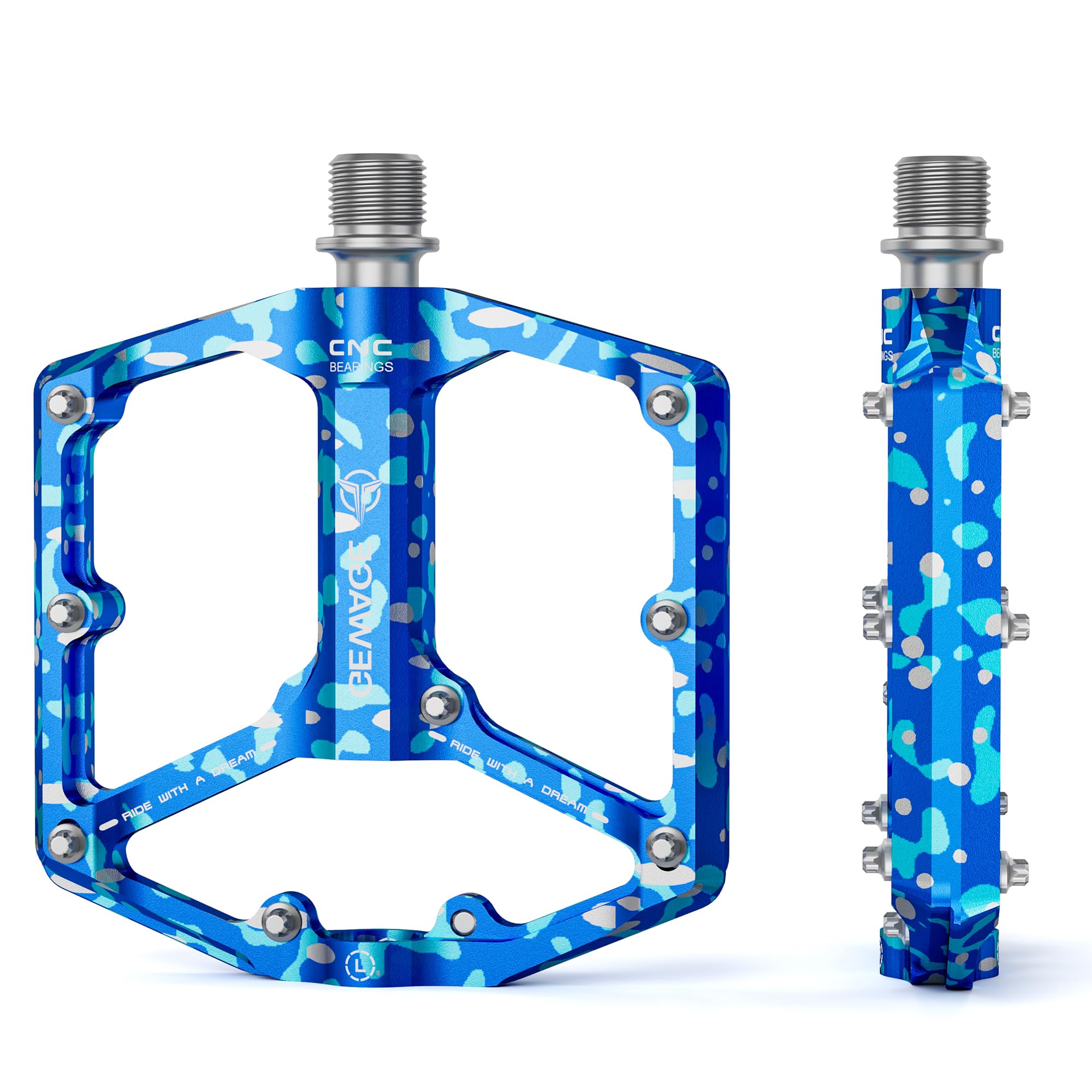 GEWAGE Road/Mountain Bike Pedals - 3 Bearings Bicycle Pedals - 9/16” CNC Machined Flat Pedals with Removable Anti-Skid Nails (Camouflage Blue)