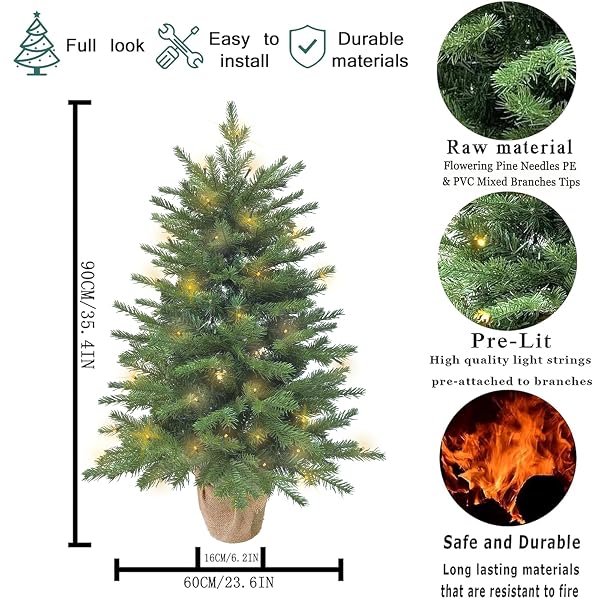 3FT PRE-LIT MINI FIR CHRISTMAS TREE,ARTIFICIAL PINE XMAS TREE,106 PE BRANCHES TIPS & 84 PVC BRANCHES TIPS & UL CERTIFICATION LED LIGHTS & BURLAP WRAPPED BASE FOR TABLETOP DESK,BATTERY OPERATED