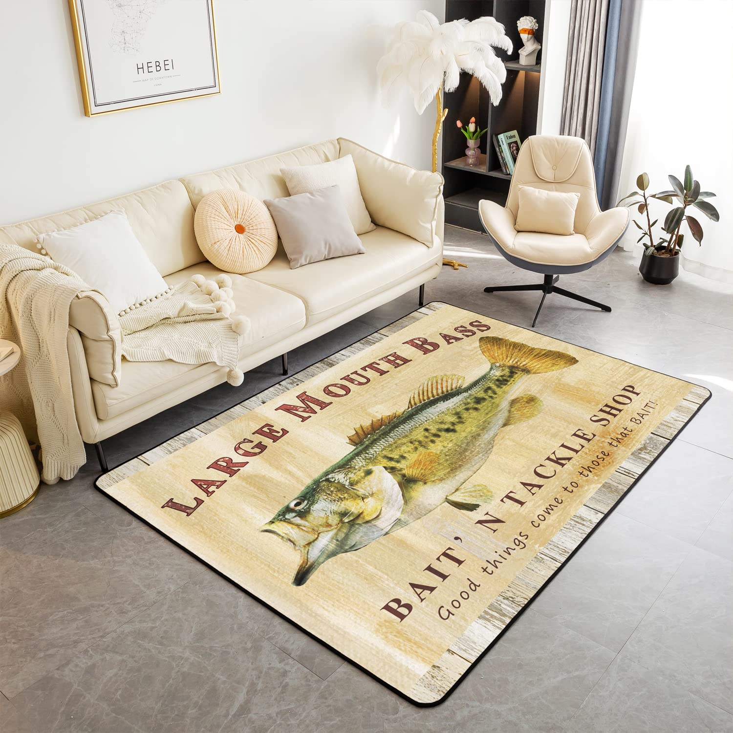Loussiesd Bass Fish Area Rug Rustic Cabin Fishing Rugs for Living Room Bedroom for Women Men Farmhouse Camping Carpet Vintage Floor Mat Bedroom 100 * 150cm