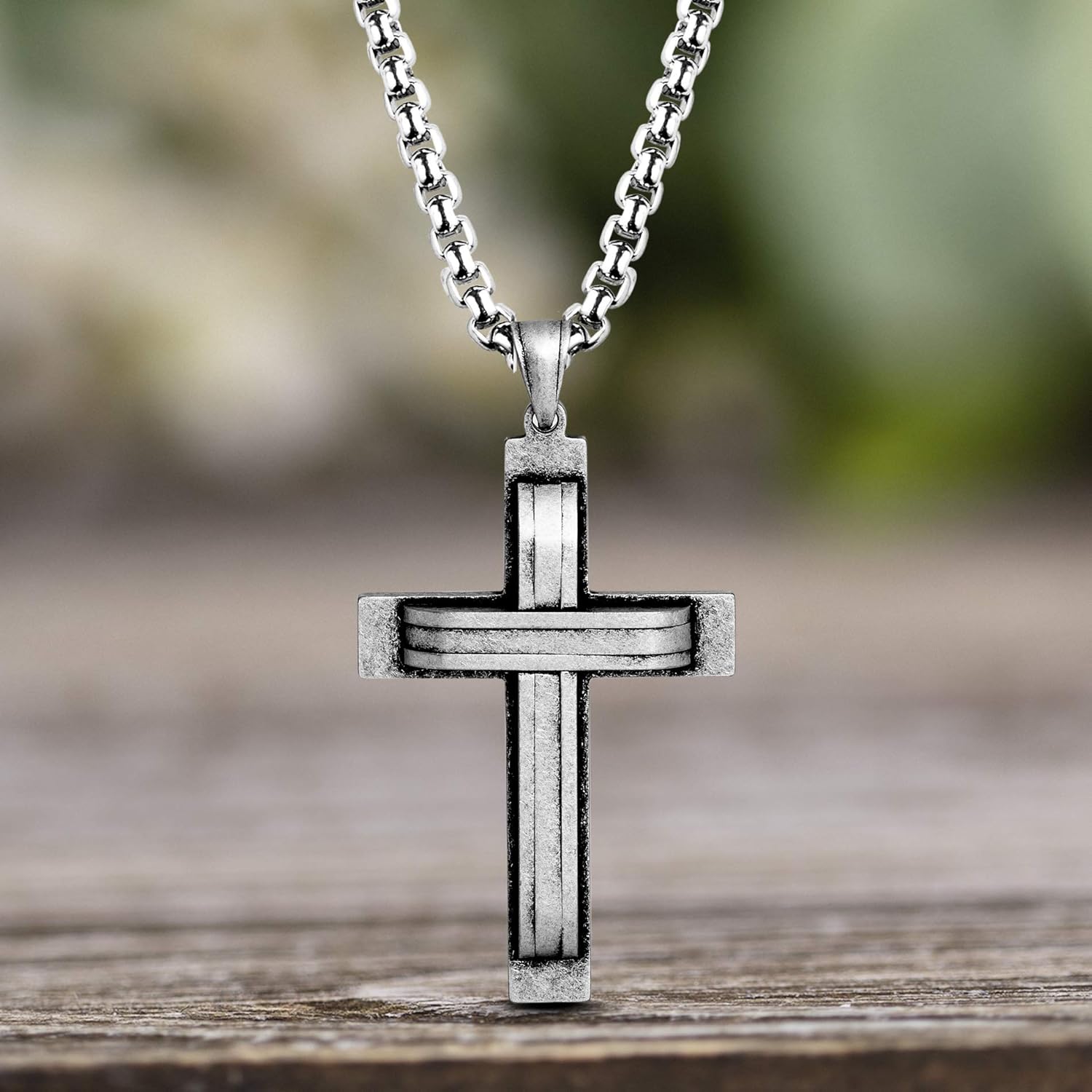 Steve Madden Oxidized Stainless Steel Cross Necklace for Men 24 Inch Curb Chain | 