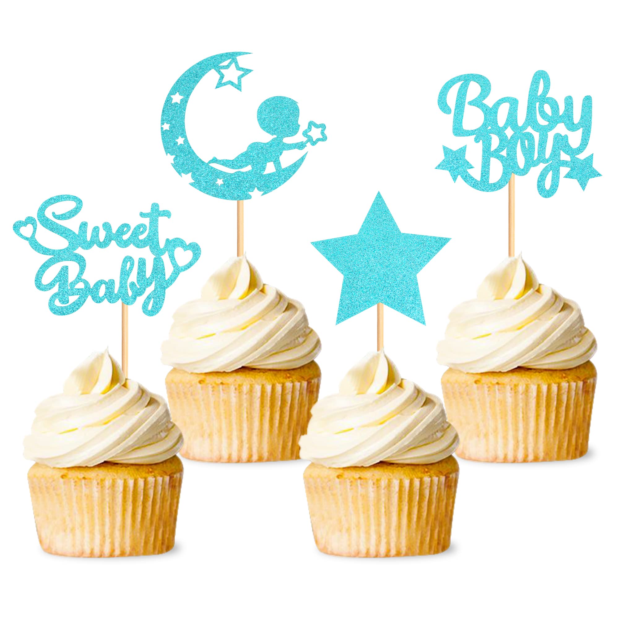 Blumomon 24Pcs Blue Glitter Baby Shower Boy Cupcake Toppers with Glitter Star Moon Sweet Baby Boy Cupcake Picks Baby Shower Boys Birthday Party Cake Decorations Supplies