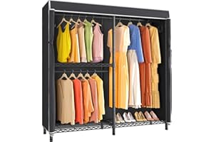 VIPEK V4C Double Clothing Rack Protable Closet for Hanging Clothes, Heavy Duty Garment Rack Metal Wardrobe System with Adjustable Shelves & Side Hooks, Max Load 810lbs, Black Rack with Black Cover