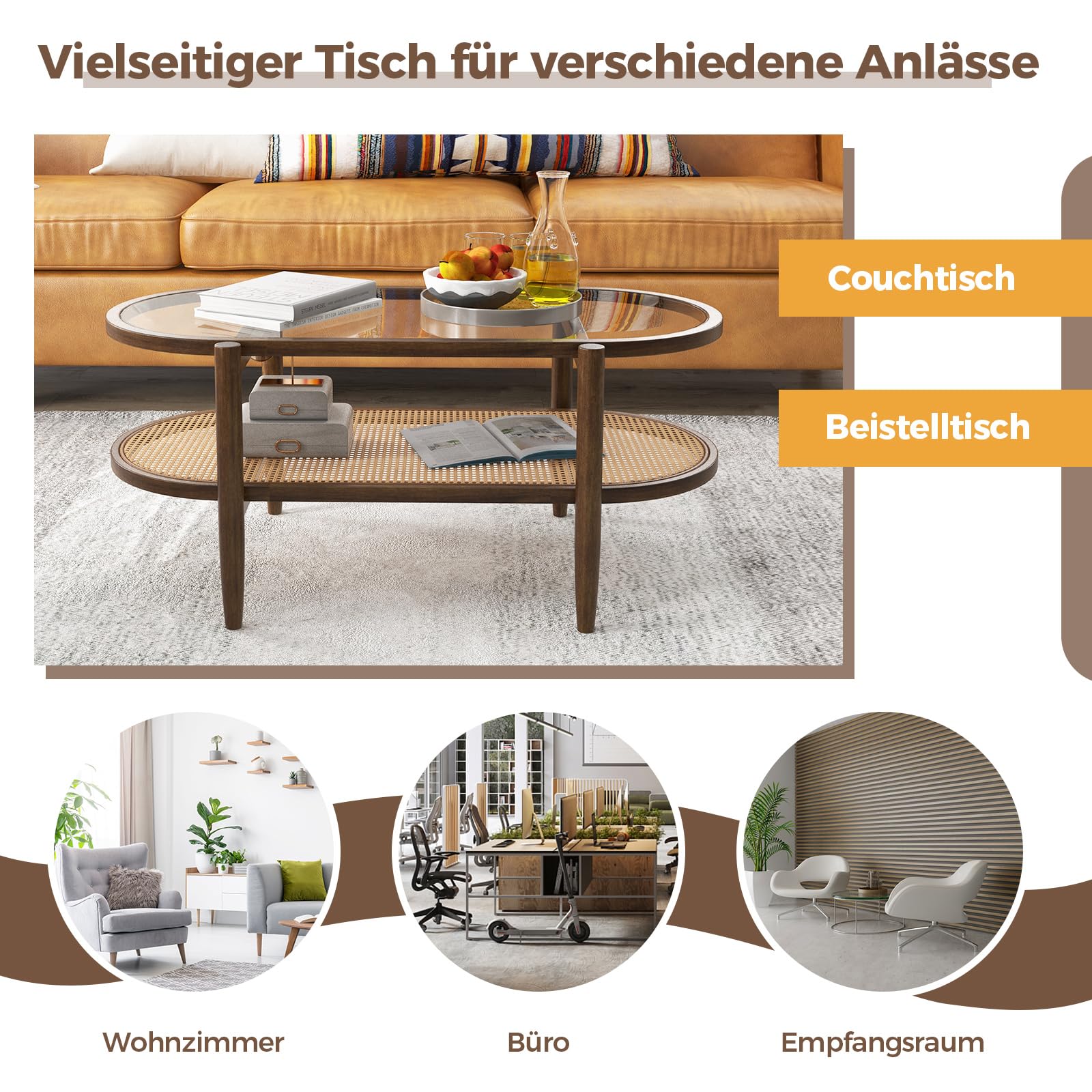 COSTWAY Couchtisch, Beistelltisch mit Glas Tischplatte & Rattan Ablage, Wohnzimmertisch mit Holzbeinen & Holzrahmen, Kaffeetisch für Wohnzimmer, Büro, 102 x 56 x 47 cm (Braun) 4