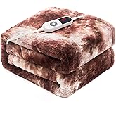 PTQ Electric Heated Twin Blanket 62"x84",Luxury White Coffee Faux Rabbit Fur Electric Blanket,Fast Heating Soft Fluffy Thick Electric Blanket with 6 Heating Levels & 12H Auto Off