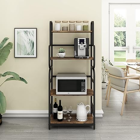 Amazon O K ファニチャー キッチンボード キッチン棚 キッチンラック レンジ台 ４段 トースターラック キッチン収納 家電や食器収納棚 おしゃれ シンプル 木製 木目 幅60cm 奥行28 5cm 高さ137 5cm ブラック キッチンワゴン 収納カート オンライン通販